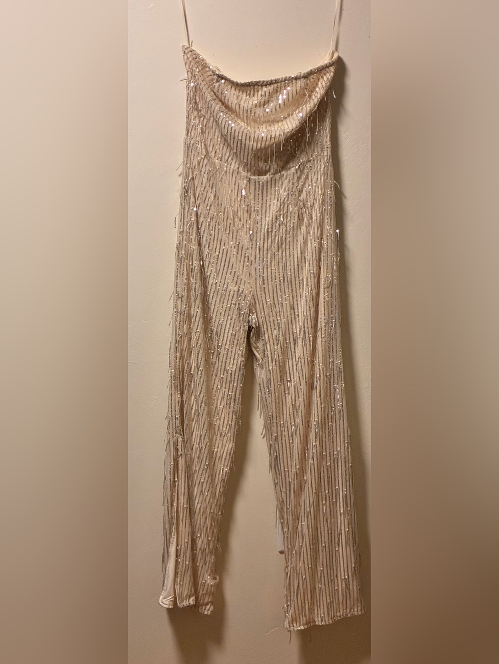 Fashion Nova Champagne Sequin Fringe Cowl-Neck Jumpsuit